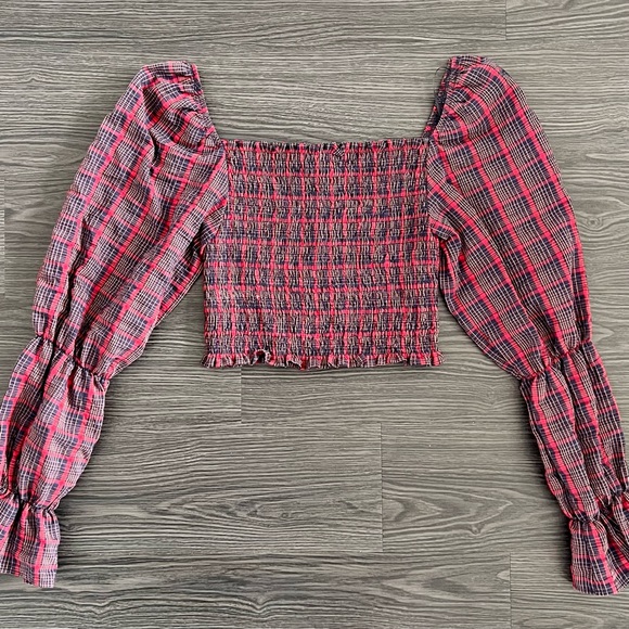 Zara Plaid Smocked Puff Sleeve Crop Top - Picture 2 of 5